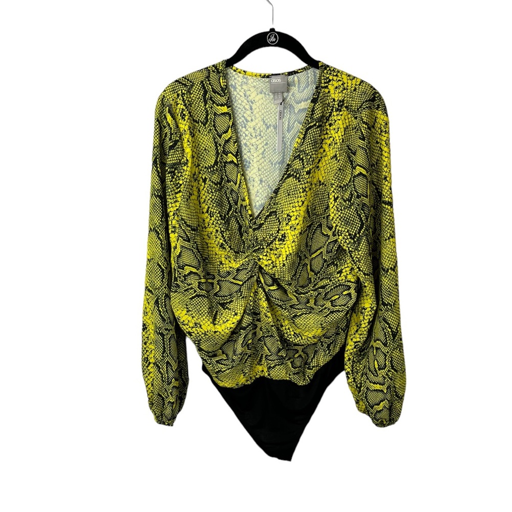 ASOS Womens Bodysuit 10 US 14 UK Yellow Snake Skin Long Sleeve V-neck Top Nwt